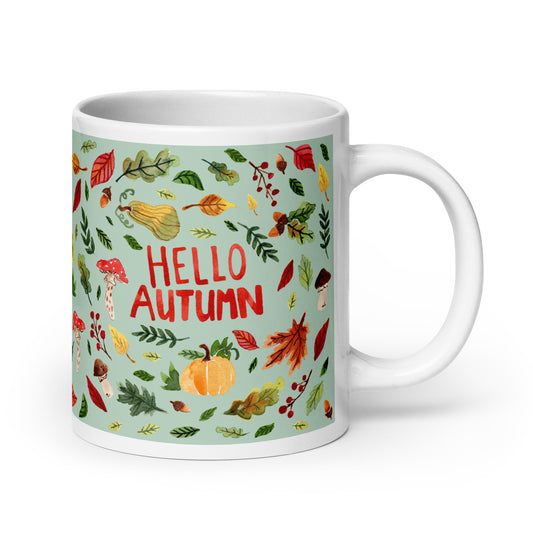 White glossy mug - Hello Autumn - Green