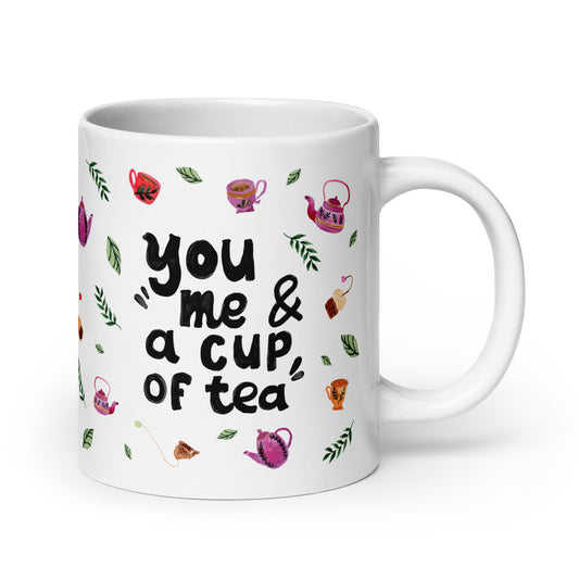 Quote Mug with Cozy Watercolor Teapots & Cups - You, Me & a Cup of Tea - Glossy Ceramic (11oz / 15oz / 20oz)" - SANDRAAS