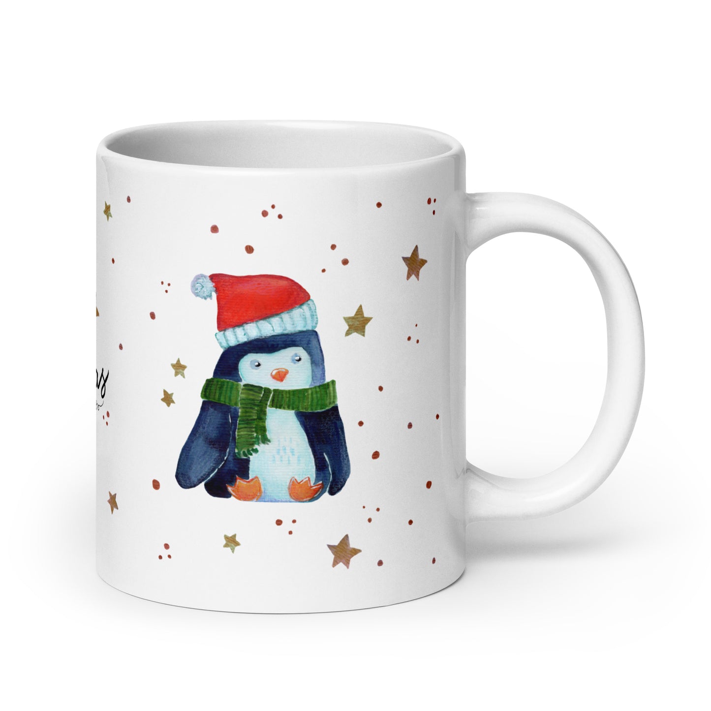 🎄 Merry Christmas Penguin Mug – Whimsical Watercolor Penguin in Green Scarf & Santa Hat 🐧✨ Glossy Ceramic Holiday Mug - SANDRAAS