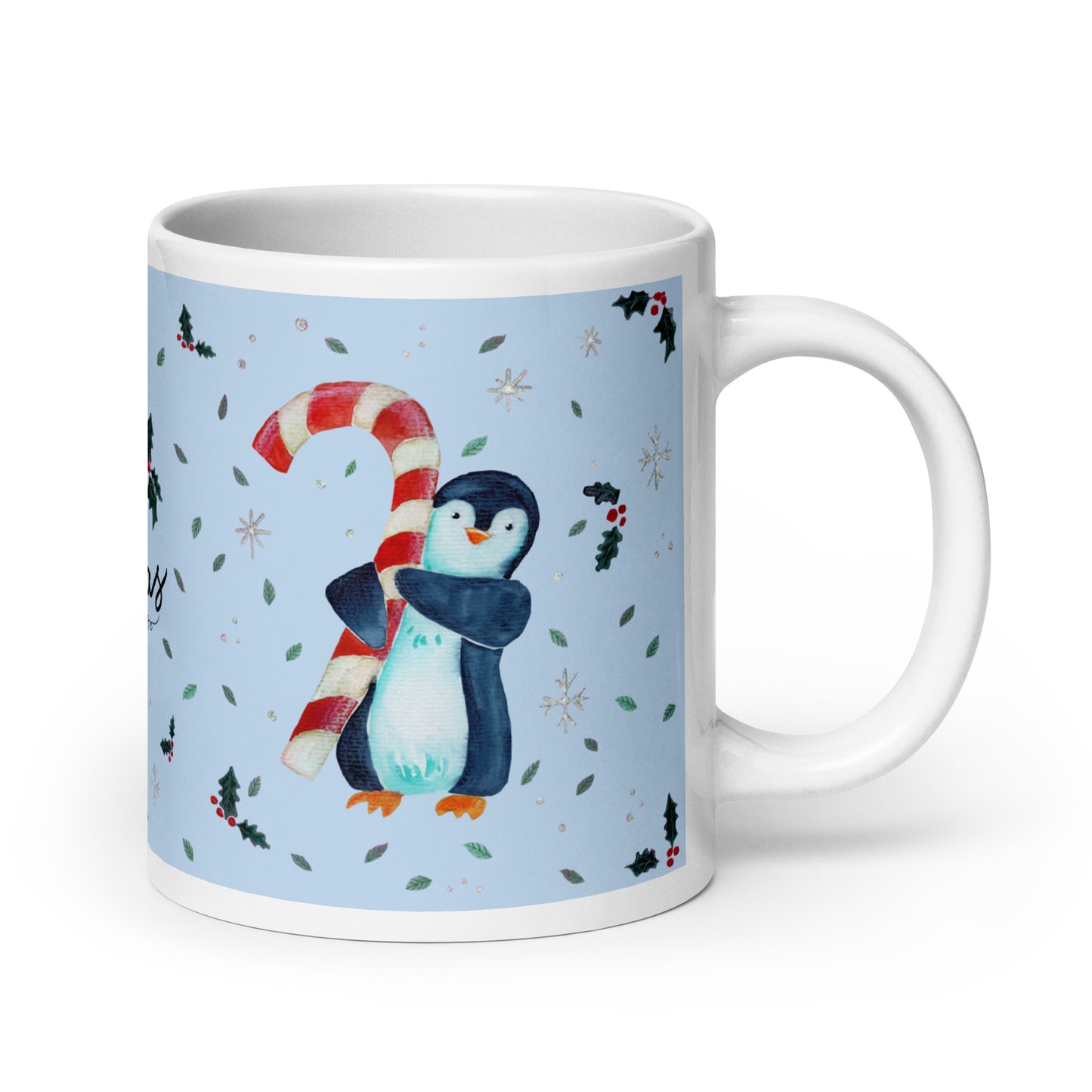 🎄 Merry Christmas Penguin Mug – Whimsical Watercolor Penguin Holding a Candy Cane 🐧🍬✨ Glossy Ceramic Holiday Mug (Light Blue Background) - SANDRAAS