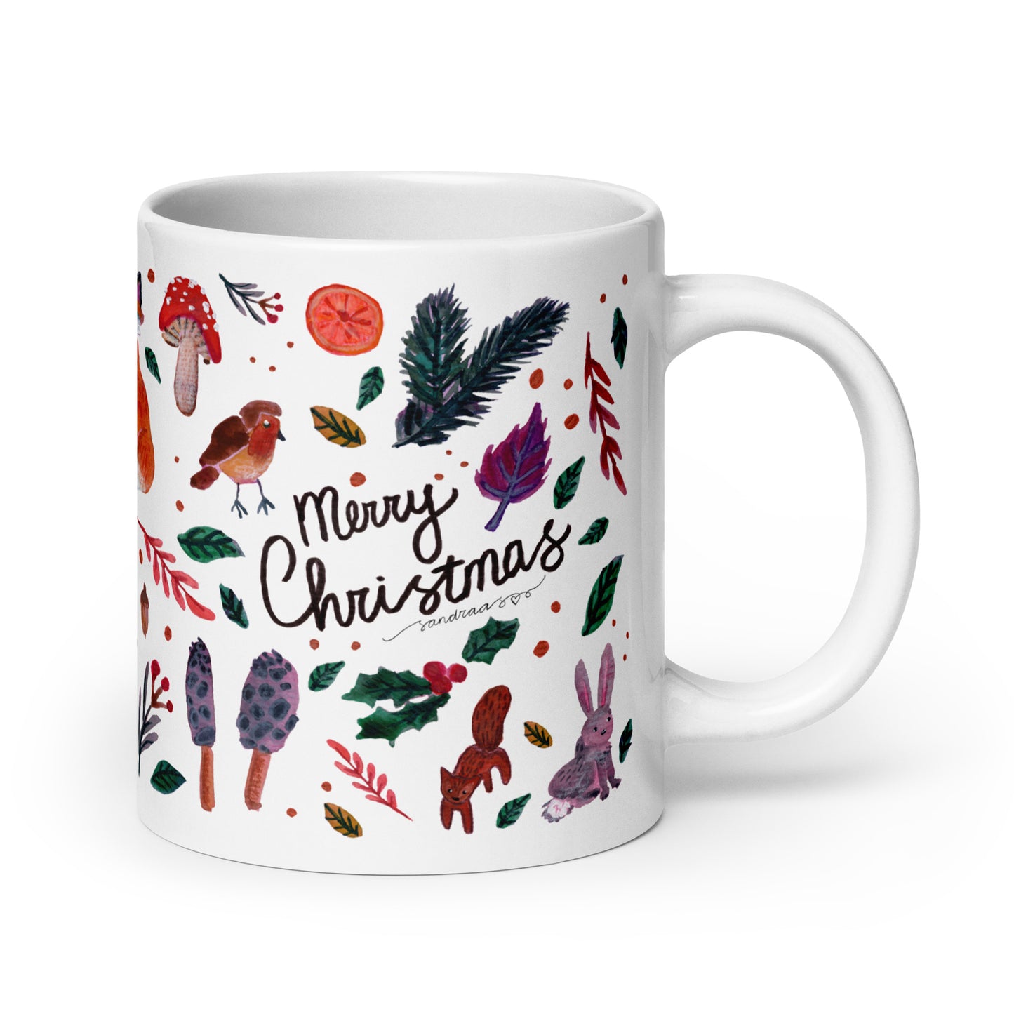 🎄 Merry Christmas Woodland Mug – Whimsical Watercolor Forest Animals, Leaves & Mushrooms 🍄🦌✨ Glossy Ceramic Holiday Mug - SANDRAAS
