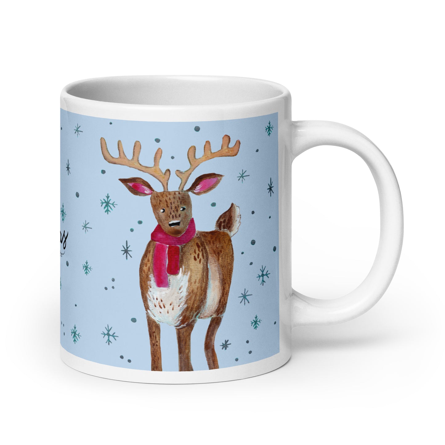 🎄 Merry Christmas Deer Mug – Whimsical Watercolor Deer in Cozy Shawl on Blue Background 🦌💙✨ Glossy Ceramic Holiday Mug - SANDRAAS