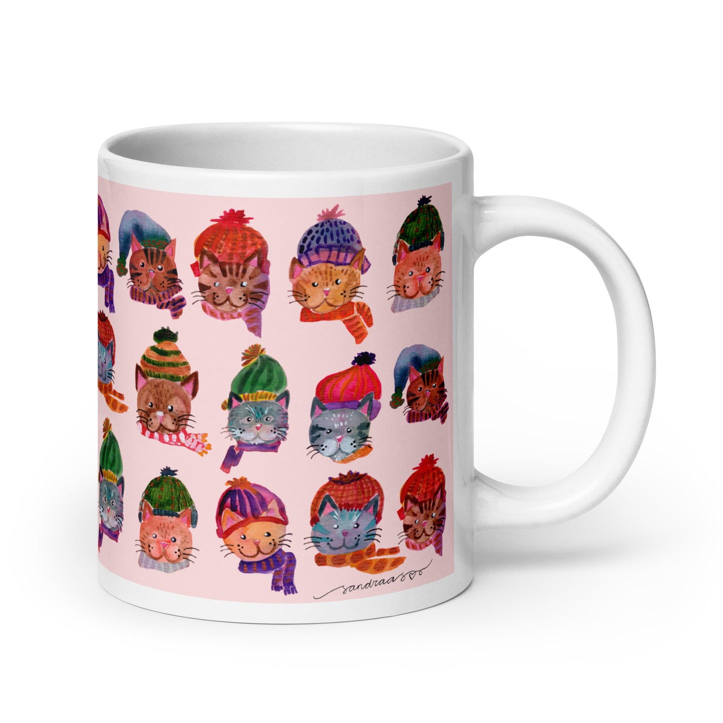 🎀 Cozy Cat Heads Mug – Whimsical Watercolor Cats in Knitted Hats & Scarves 🐱🧣✨ Pink Background | Glossy Ceramic Mug - SANDRAAS
