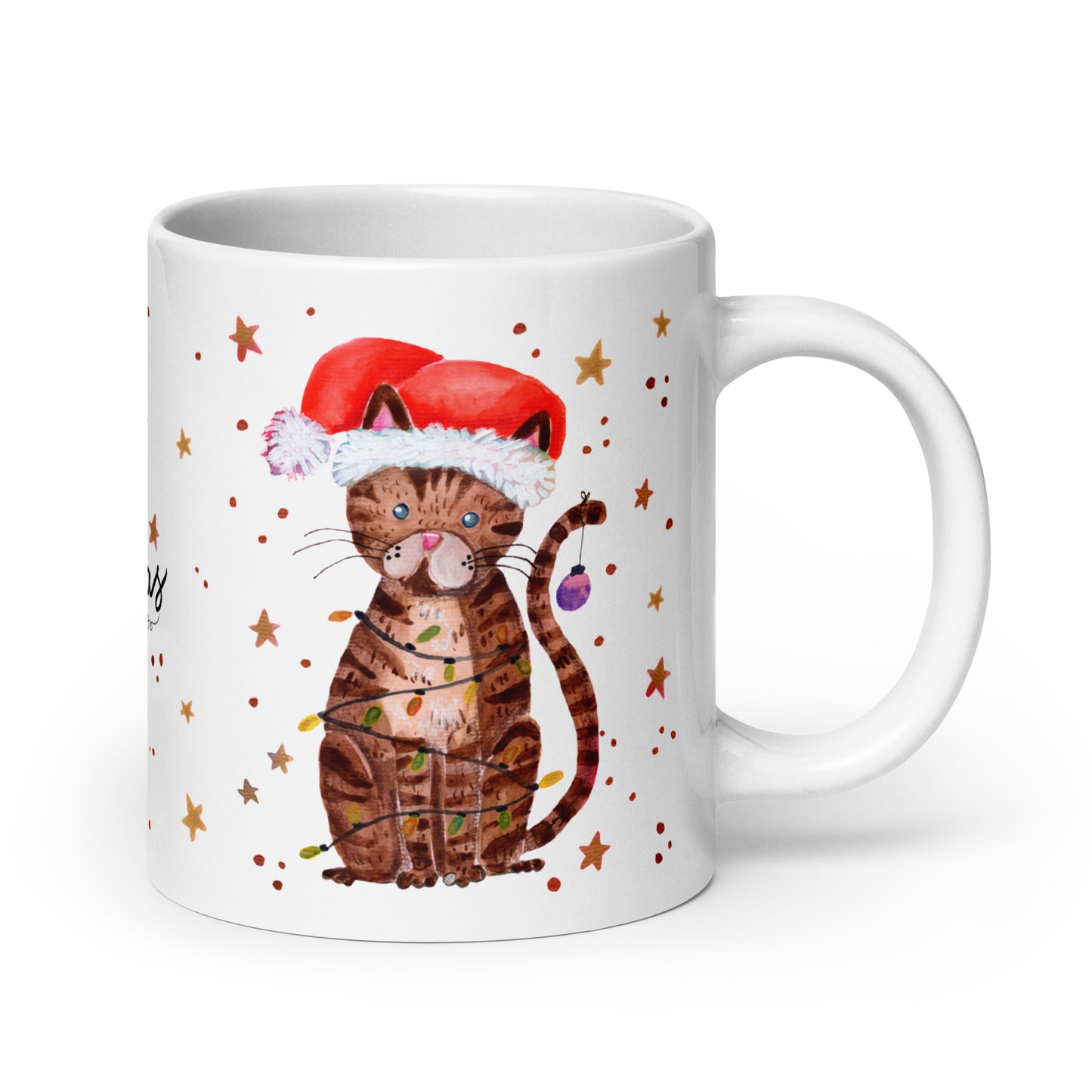 🎄 Merry Christmas Cat Mug – Whimsical Watercolor Cat in Santa Hat Wrapped in Christmas Lights 🐱✨ Glossy Ceramic Holiday Mug - SANDRAAS