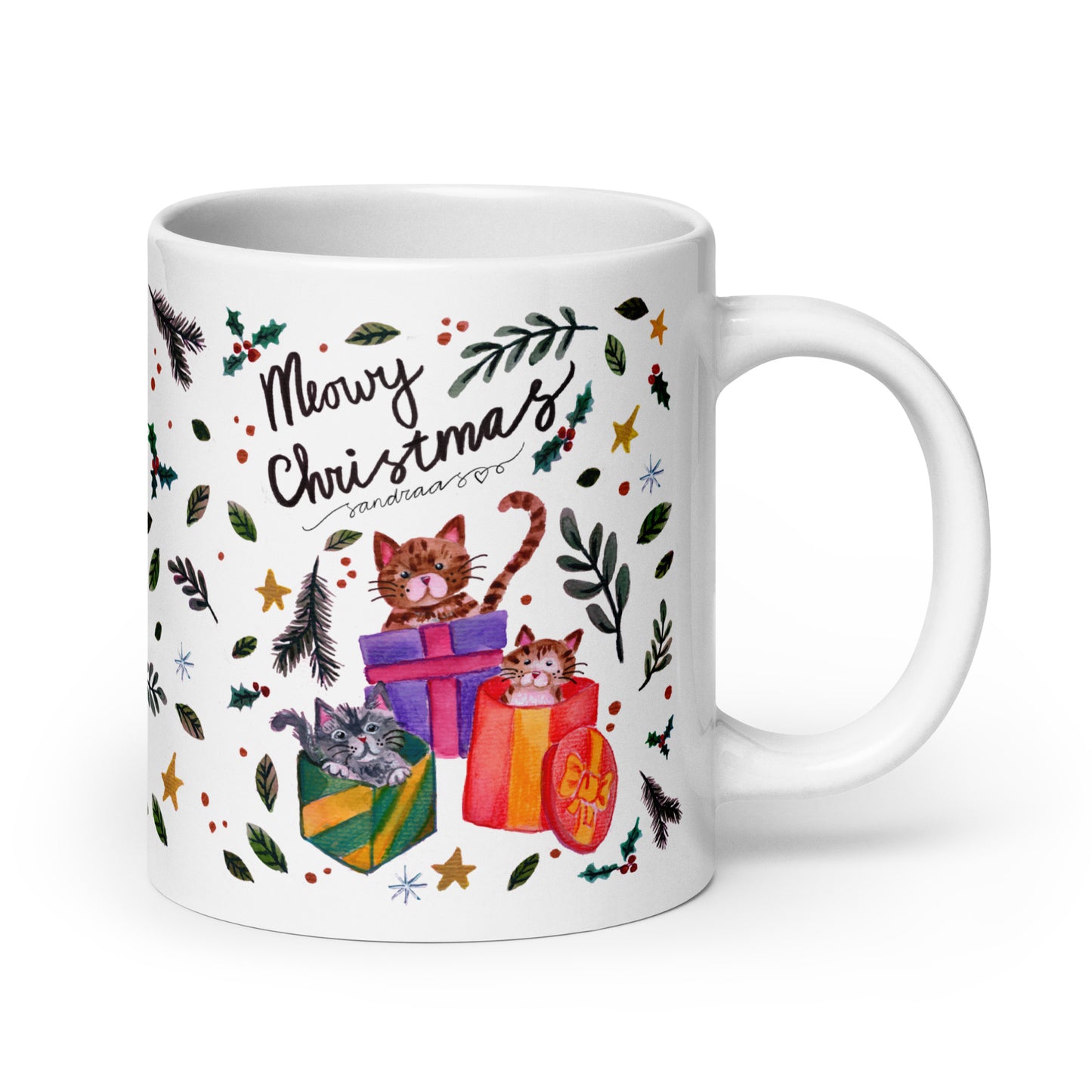 🎄 Meowy Christmas Cat Mug – Whimsical Watercolor Cats in Christmas Sweaters & Gift Boxes 😺🎁✨ Glossy Ceramic Holiday Mug - SANDRAAS