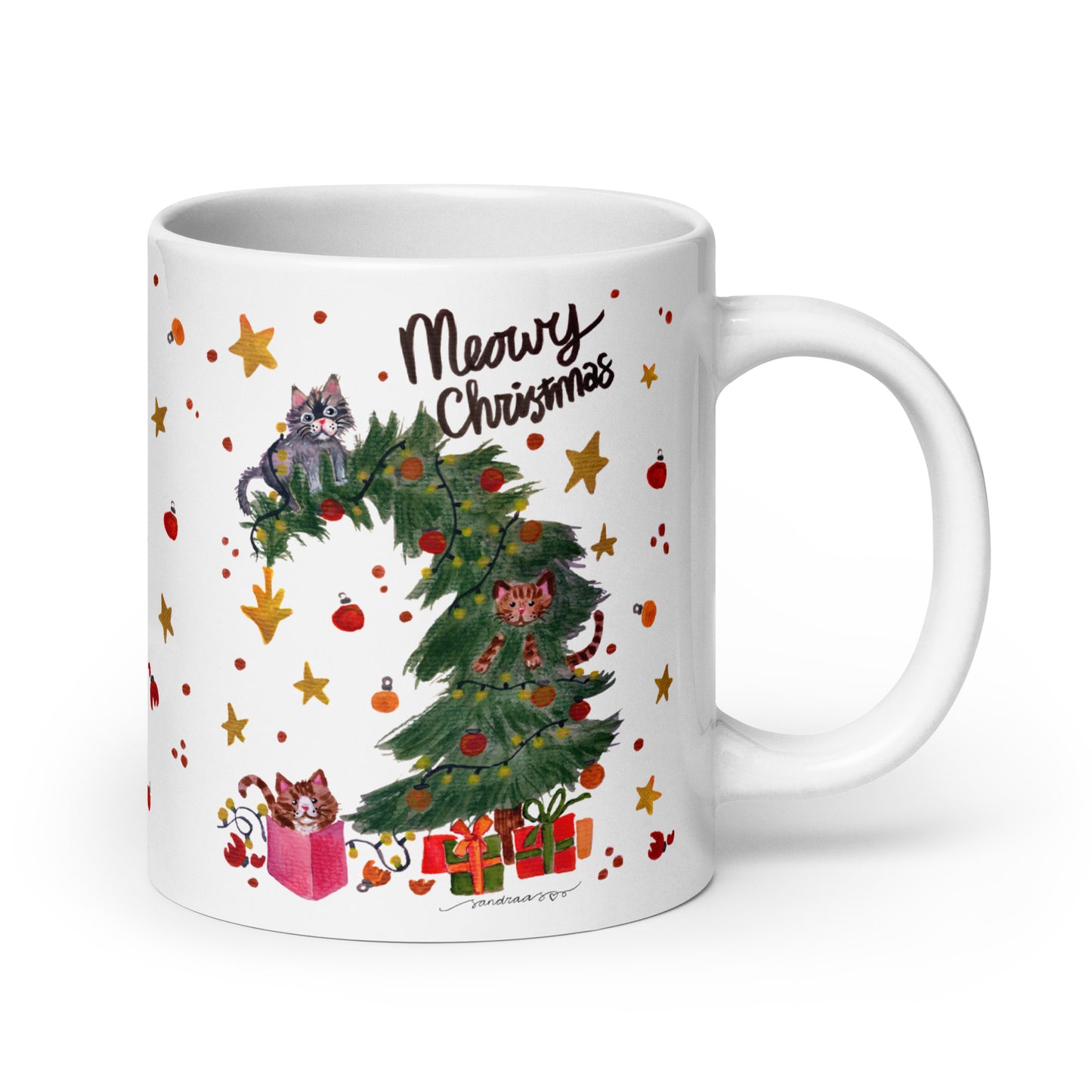🎄 Meowy Christmas Cat Mug – Whimsical Watercolor Cats Playing in the Christmas Tree 😺🌲✨ Glossy Ceramic Holiday Mug - SANDRAAS