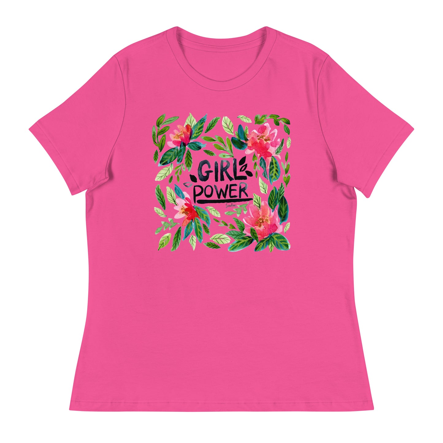 Women's Relaxed T-Shirt - Girl Power - Watercolor Floral Illustration