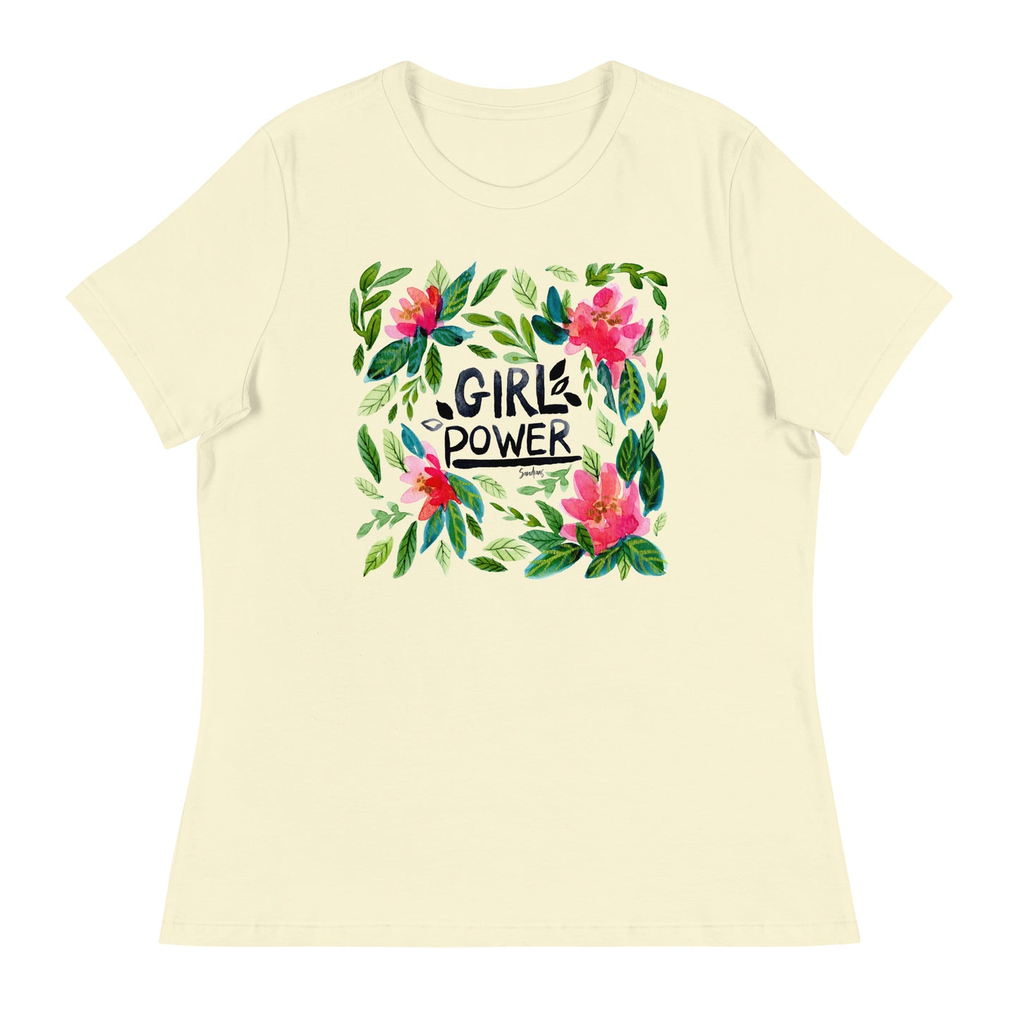 Women's Relaxed T-Shirt - Girl Power - Watercolor Floral Illustration