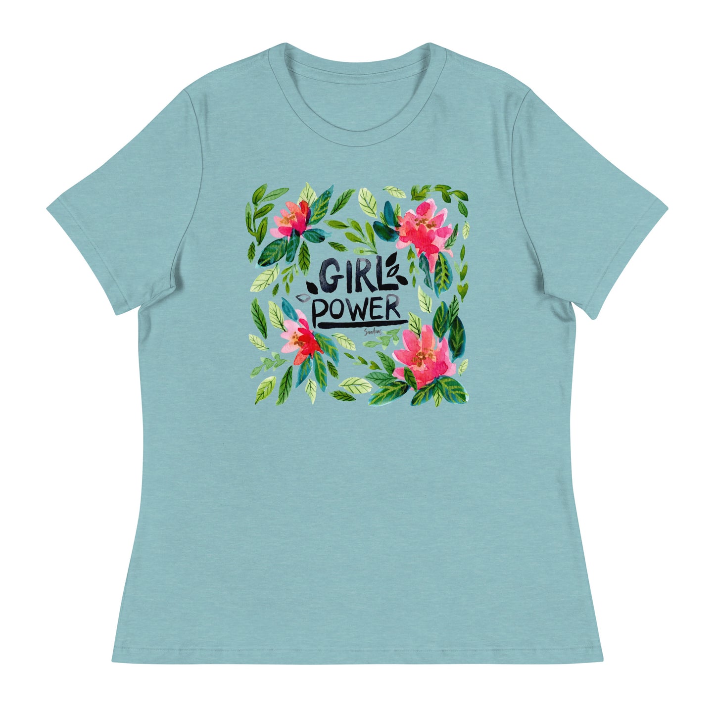 Women's Relaxed T-Shirt - Girl Power - Watercolor Floral Illustration