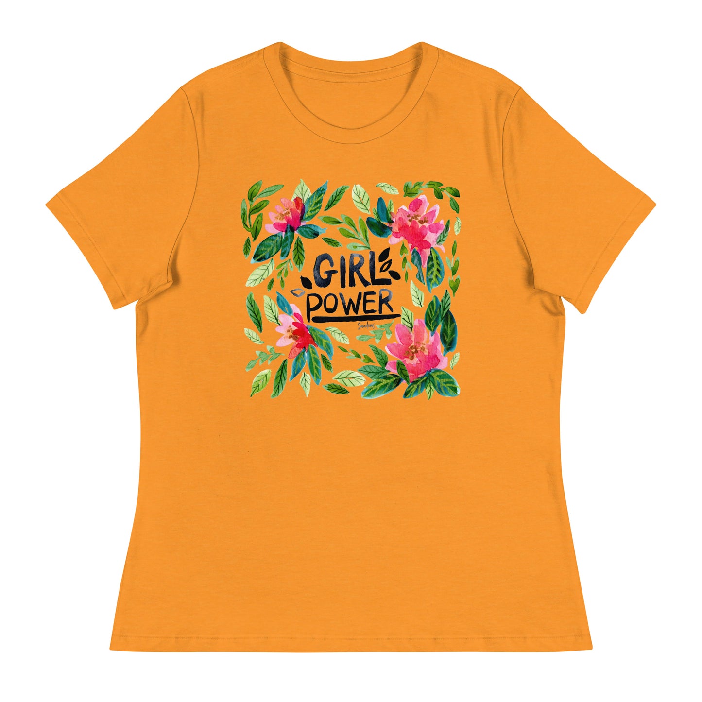 Women's Relaxed T-Shirt - Girl Power - Watercolor Floral Illustration