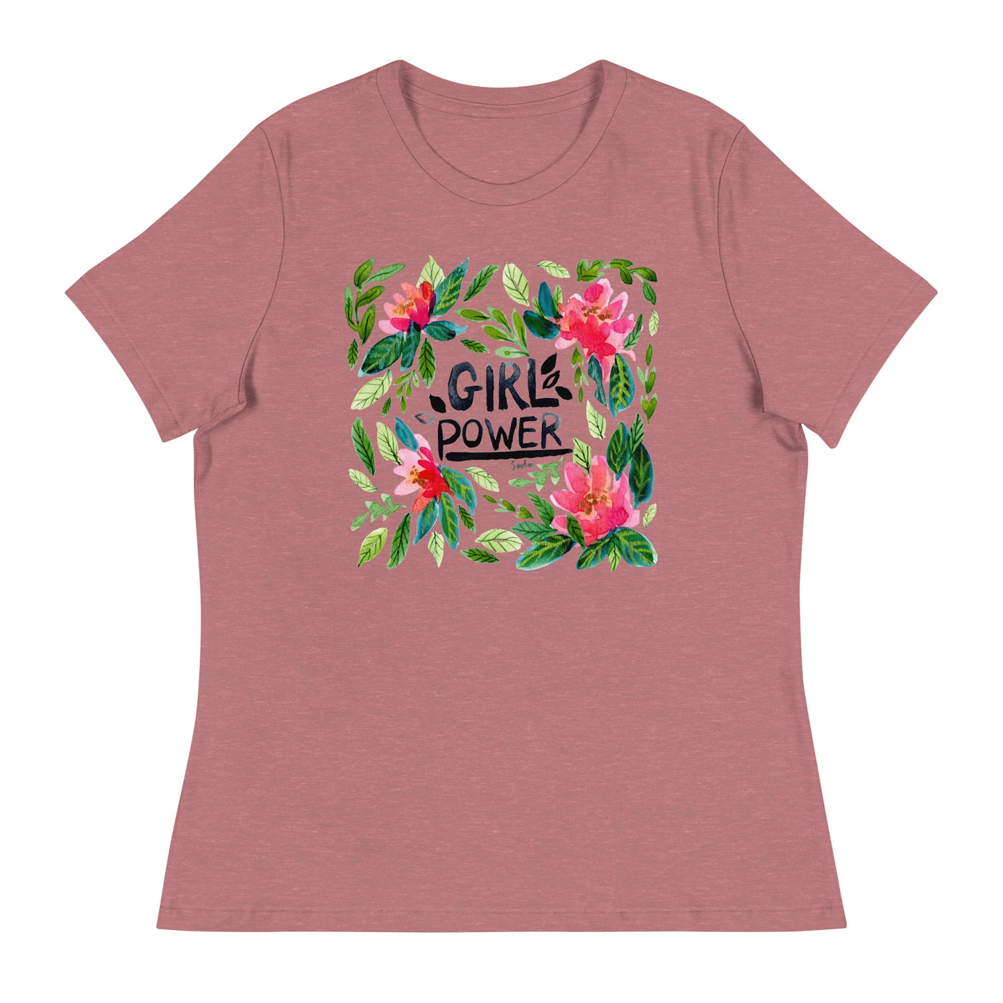 Women's Relaxed T-Shirt - Girl Power - Watercolor Floral Illustration