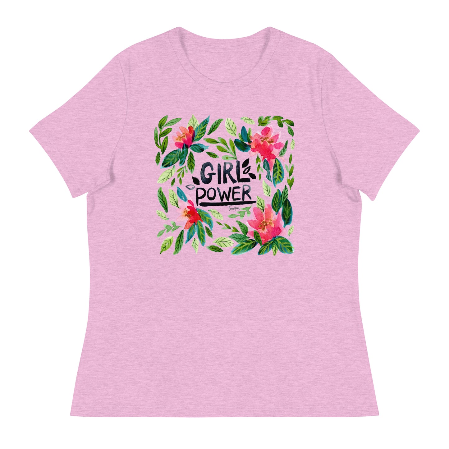 Women's Relaxed T-Shirt - Girl Power - Watercolor Floral Illustration