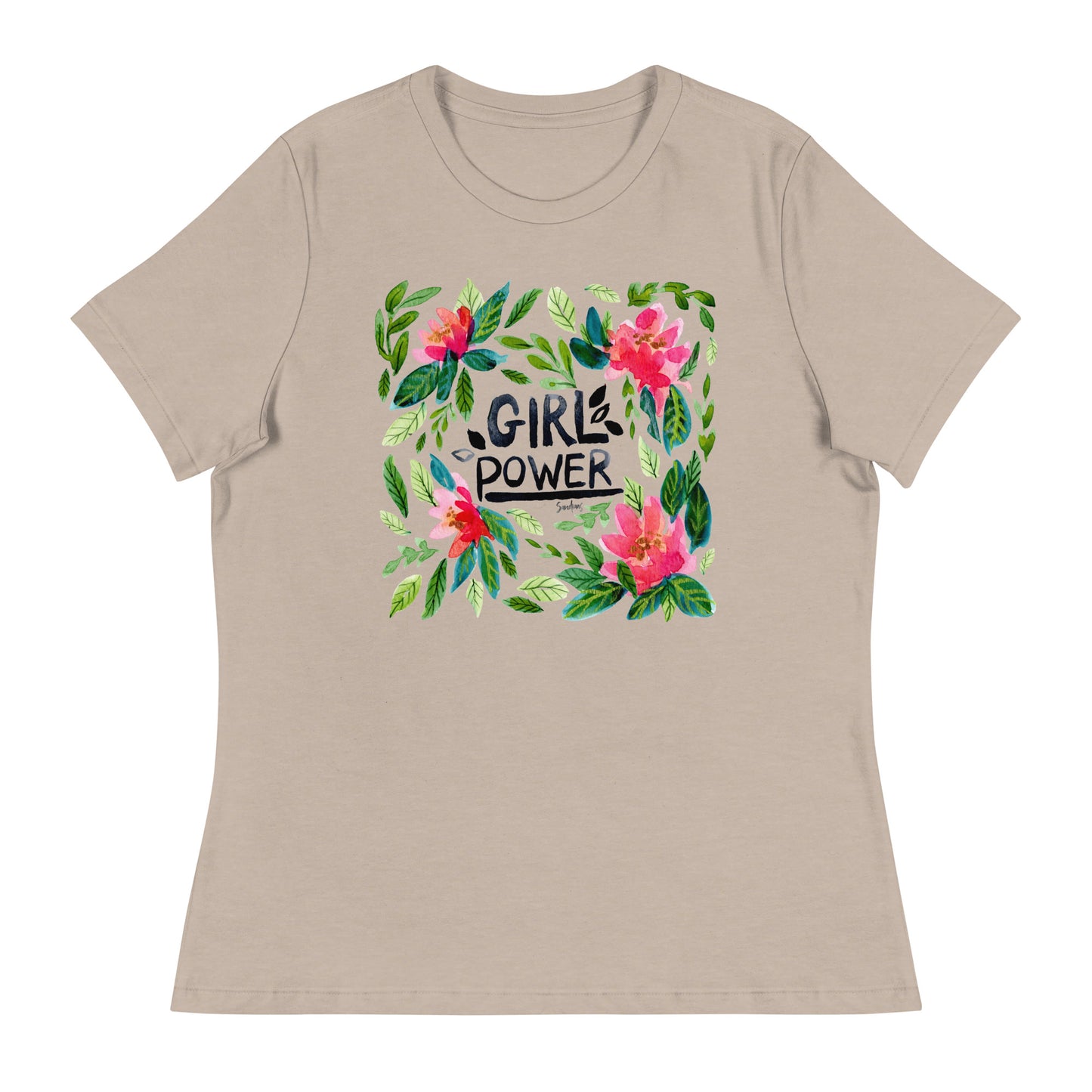 Women's Relaxed T-Shirt - Girl Power - Watercolor Floral Illustration