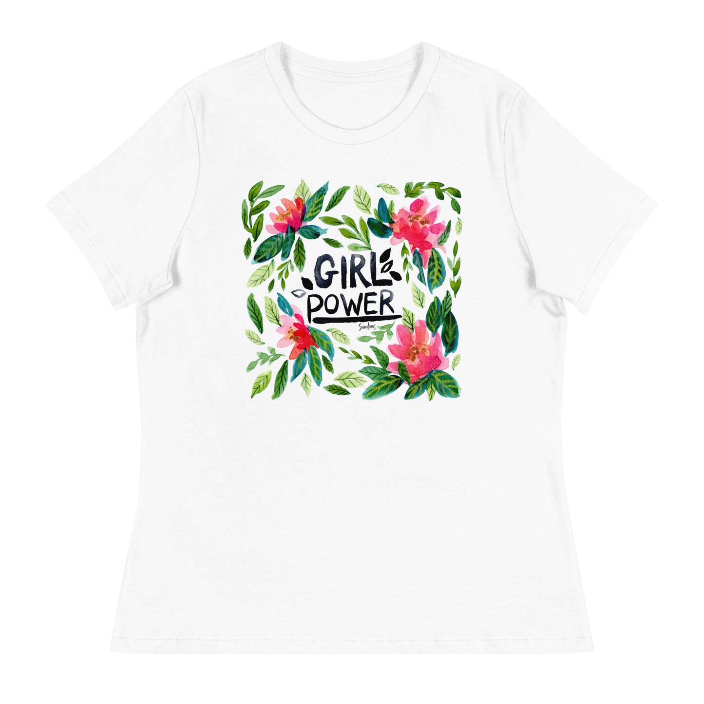 Women's Relaxed T-Shirt - Girl Power - Watercolor Floral Illustration